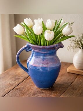 Perfect Handmade Studio Art Pottery Pitcher With Blue and Plum Drip Glaze